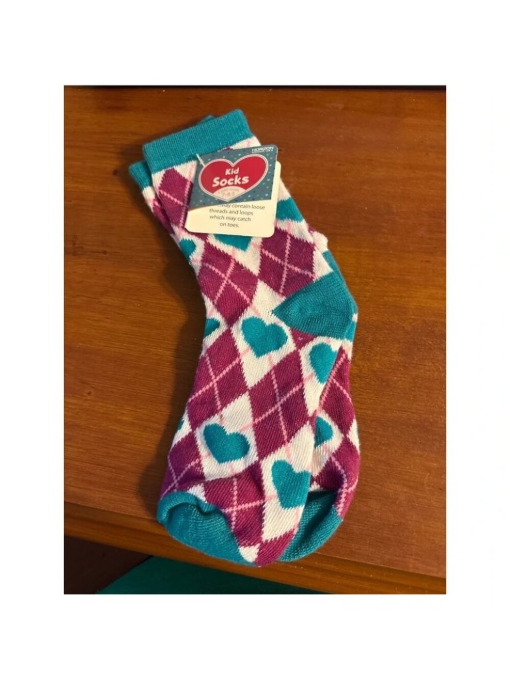Girls Socks 7-8.5 Teal & Purple Argyle Heart Pattern Polyester Blend Horizon Gro